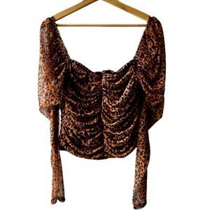 Missguided Leopard Print Cropped Top Medium Mesh Ruched Front Milkmaid mobwife